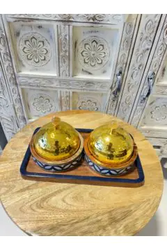 NAQSH GALLERY | Set Of Wooden Bowls, Tray With Golden Lids | 10000083