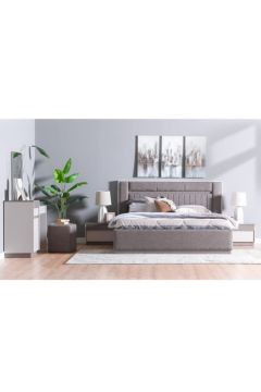 DANUBE | Atlas 180X200 King Bed + 2 Night Stand and Dresser with Mirror + Stool  - Taupe/Cream | 810100200277