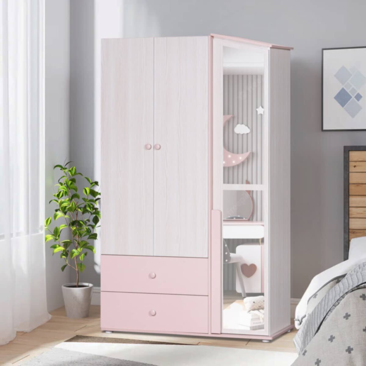 HOMEBOX | Anna 3-Door and 2-Drawers Wardrobe with Mirror | 165303305