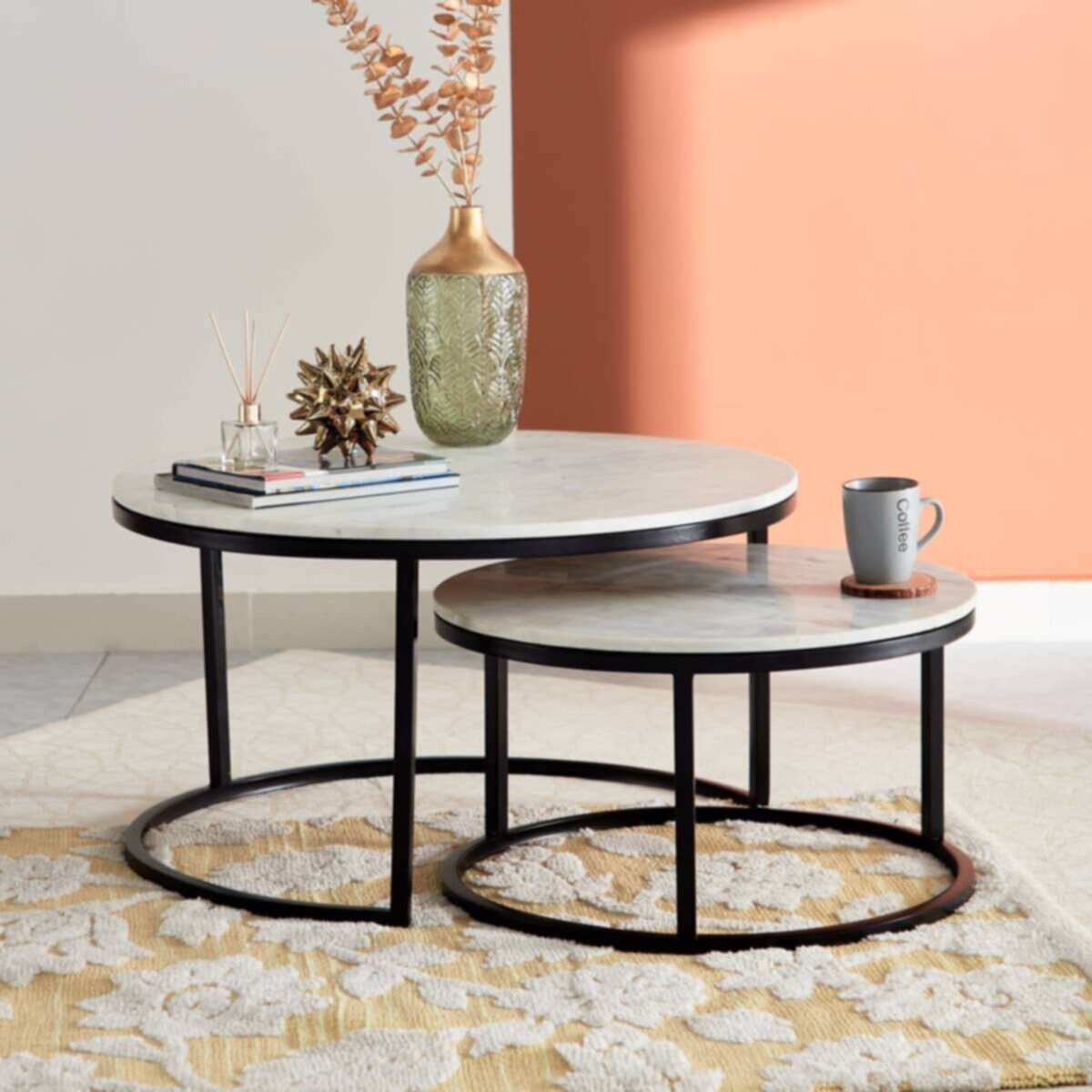 HOMEBOX | Harvey Round Marble Top Coffee Table - Set of 2 | 165402514