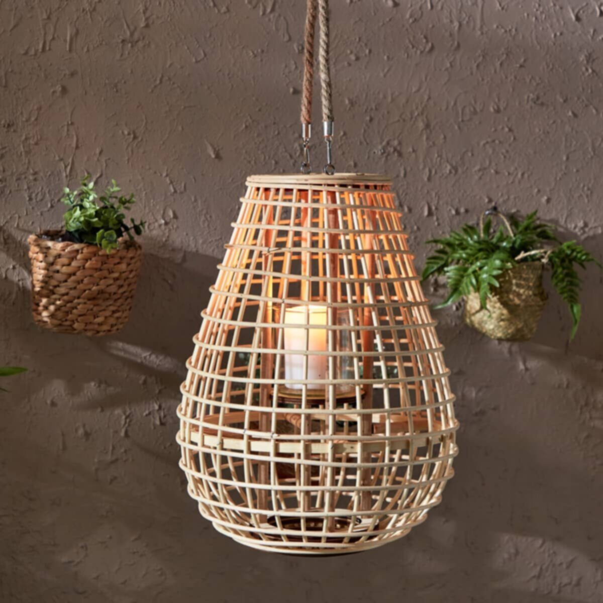 HOMEBOX | Deckar Bamboo Rattan and Wood Lantern with Glass Votive | 166020180