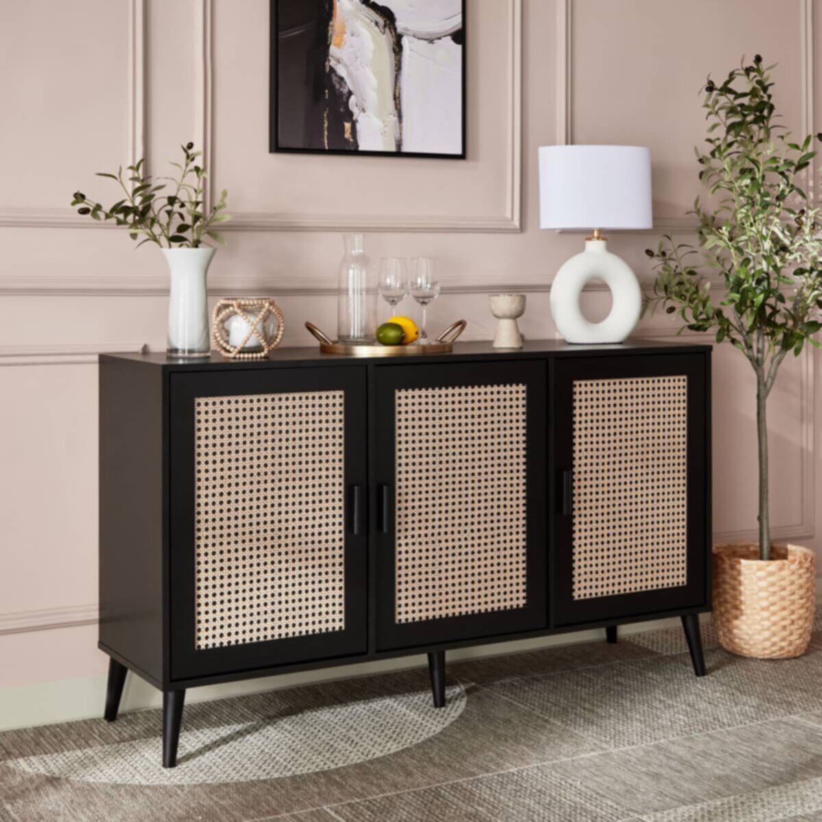 HOMEBOX | Nordic 3-Door Rattan Printed Sideboard | 166059701