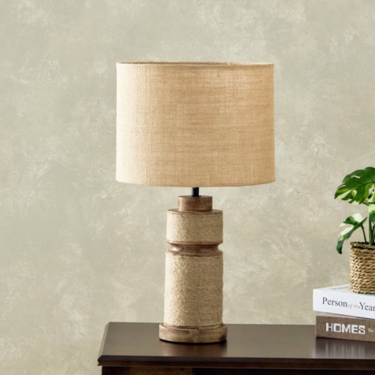 HOMEBOX | Kengston Jute Table Lamp with Wooden Base and Drum Shade - 52 cm | 166210050