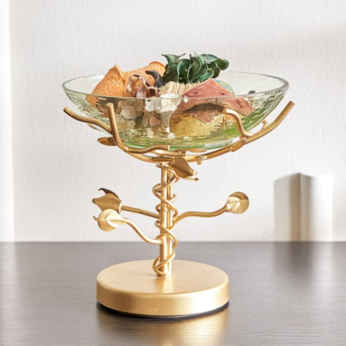 HOMEBOX | Levin Leaf Glass Bowl on Metal Stand - 19x19x17 cm | 166234239