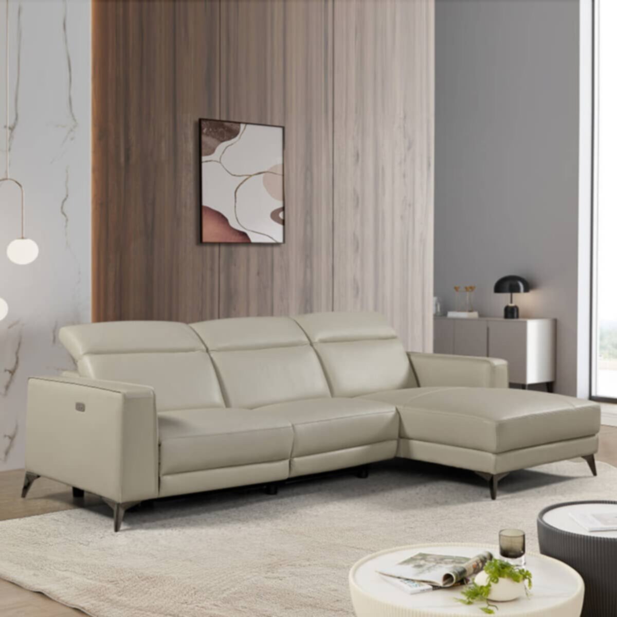 HOMEBOX | Tagus 4-Seater Half Leather Right Corner Sofa with 1 Power Recliner Seat | 166314084